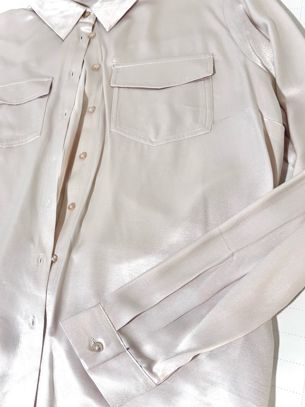 Guess Silk-Like Button Front Blouse in Champagne Ivory (NEW)